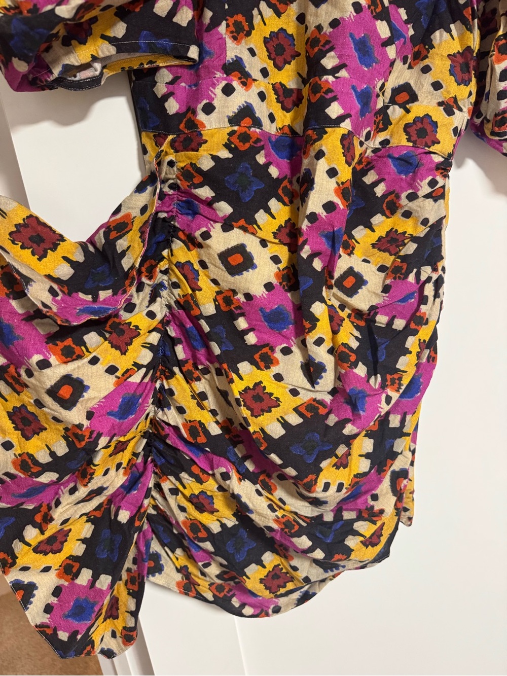 RHODE Multicolor Geometric Puff-Sleeve Mini Dress in Pink, Yellow & Blue - Picture 6 of 8